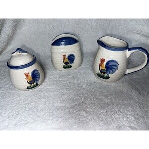 Rooster Creamer Sugar Bowl Napkin Holder Set Handpainted 3 Pc Set Farmhouse Blue
